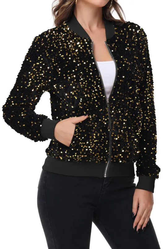 Anna-Kaci Womens Sparkly Sequin Jacket Zipper Long Sleeve Glitter Sequin Bomber Jacket with Pockets sold by Anna-Kaci