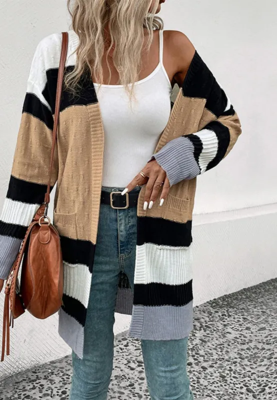 Striped Long Sleeve Front Pocket Textured Long Cardigan sold by Anna-Kaci