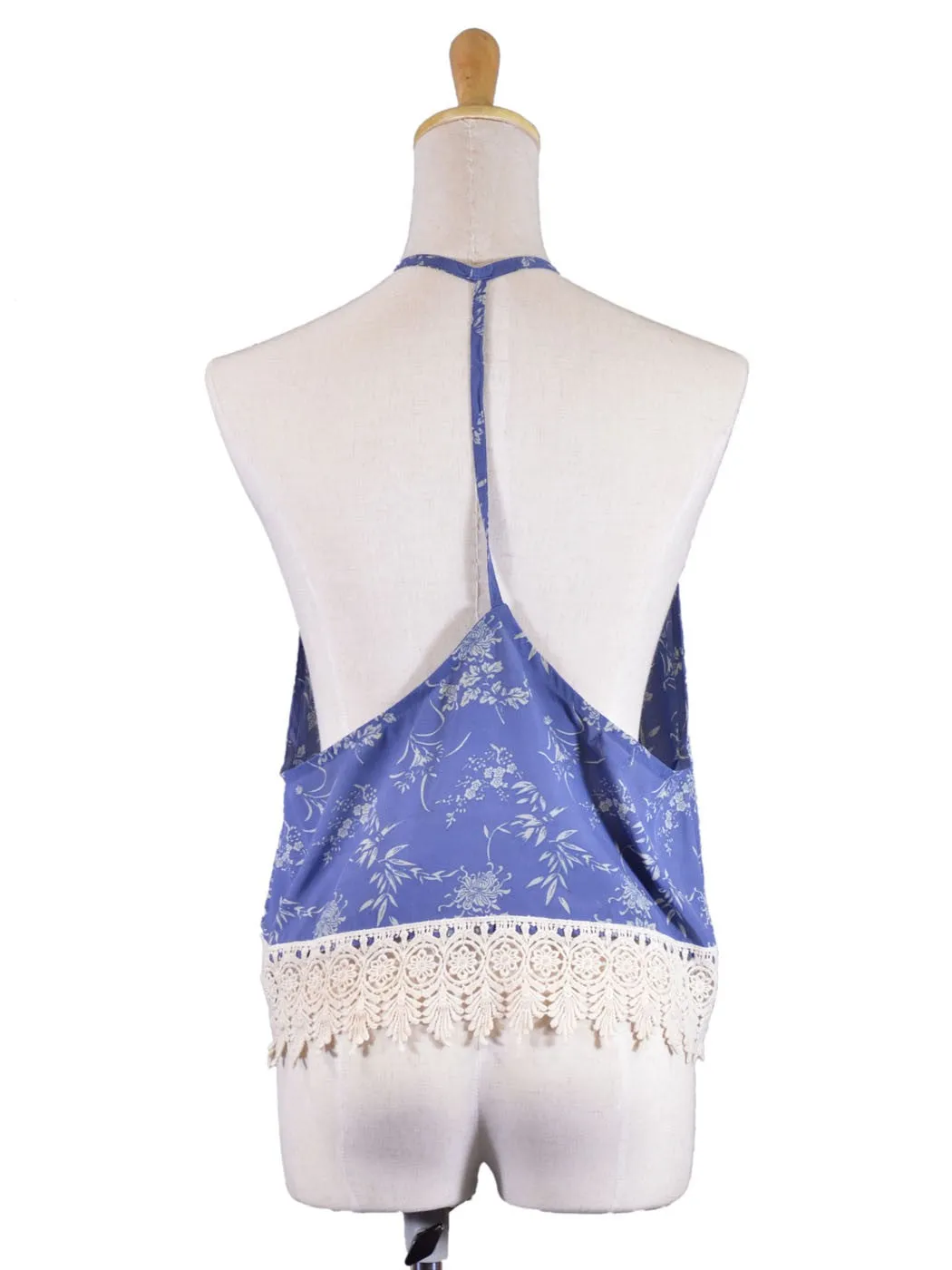 En Creme Oriental Floral Print Lace Trim Double T-Back Halter Blouse Top sold by Anna-Kaci product image thumbnail 3