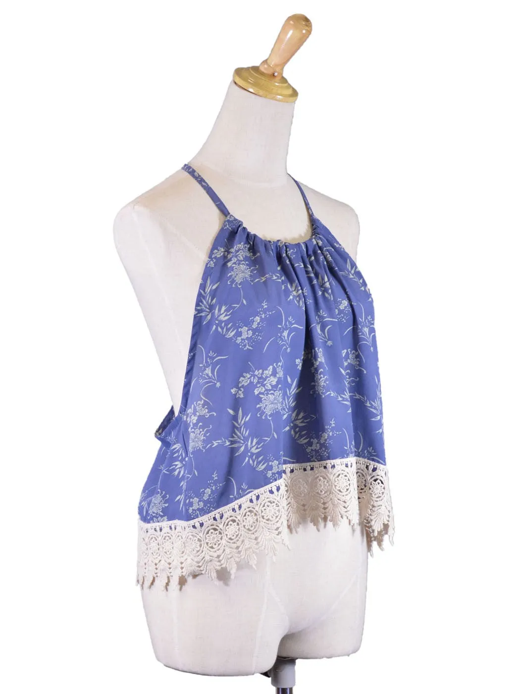 En Creme Oriental Floral Print Lace Trim Double T-Back Halter Blouse Top sold by Anna-Kaci product image thumbnail 4