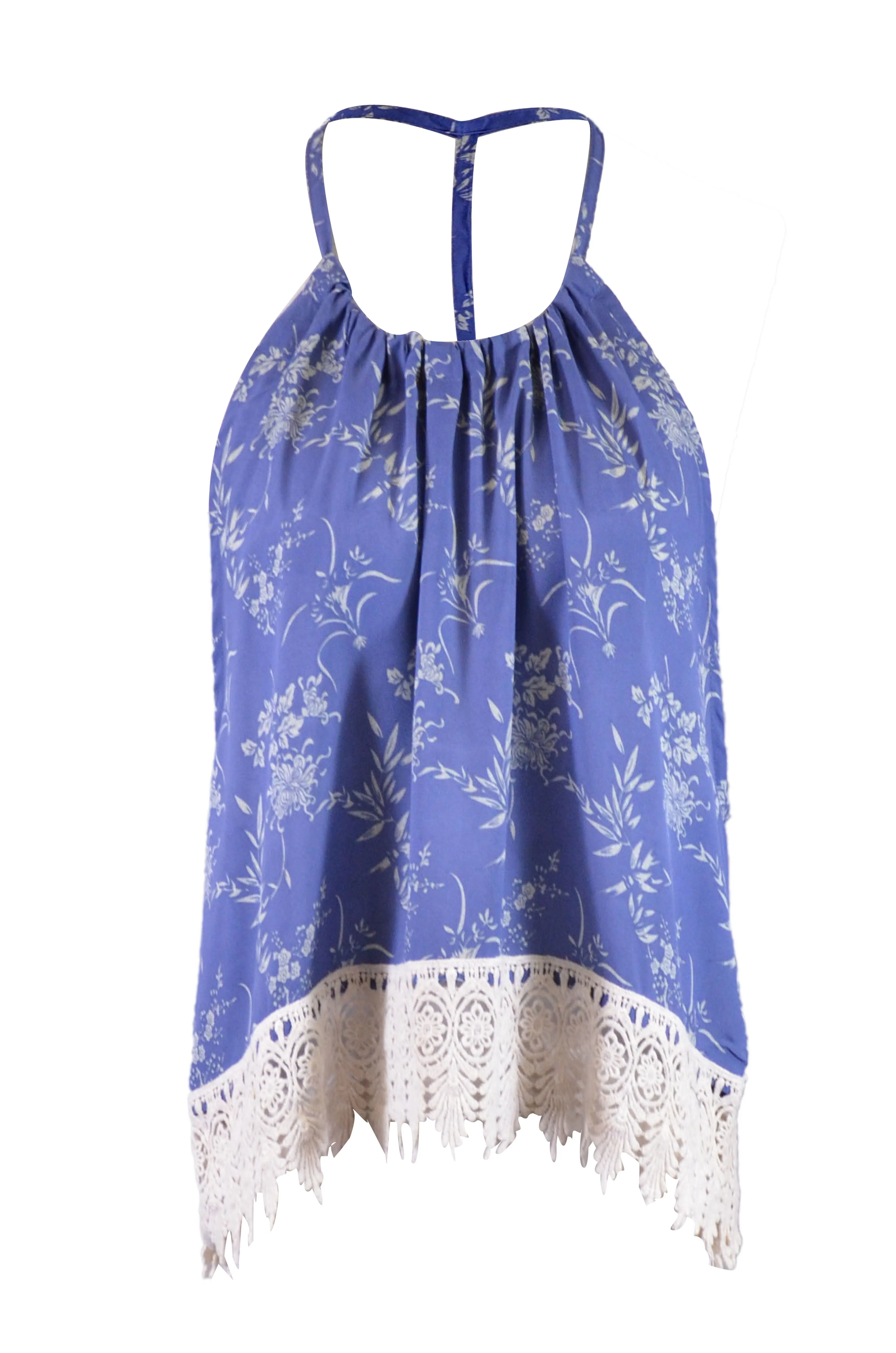 En Creme Oriental Floral Print Lace Trim Double T-Back Halter Blouse Top sold by Anna-Kaci