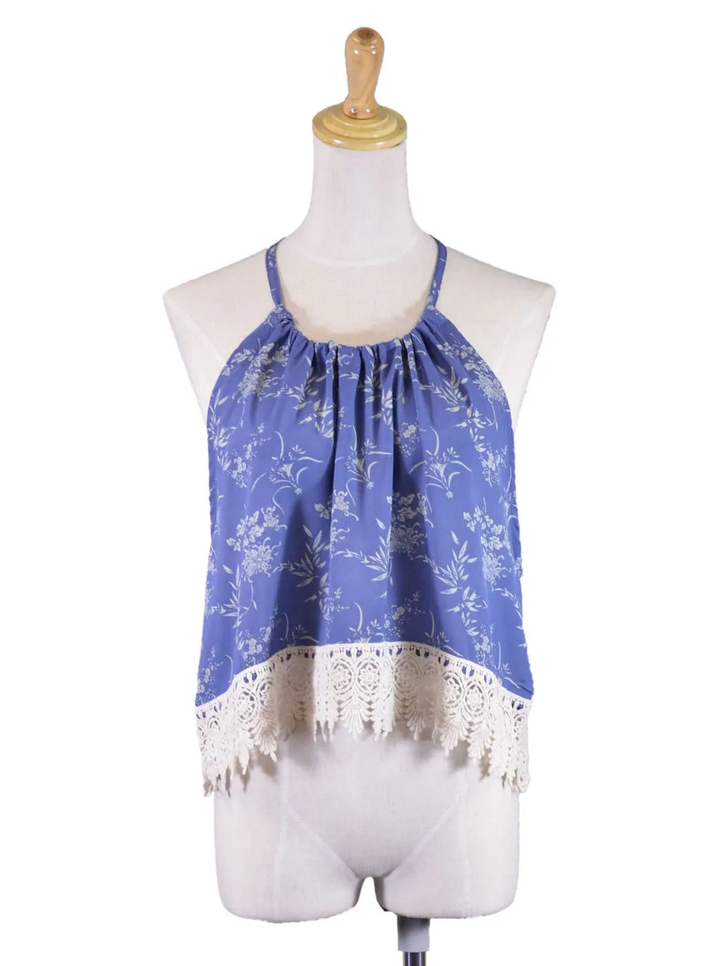 En Creme Oriental Floral Print Lace Trim Double T-Back Halter Blouse Top sold by Anna-Kaci product image thumbnail 2