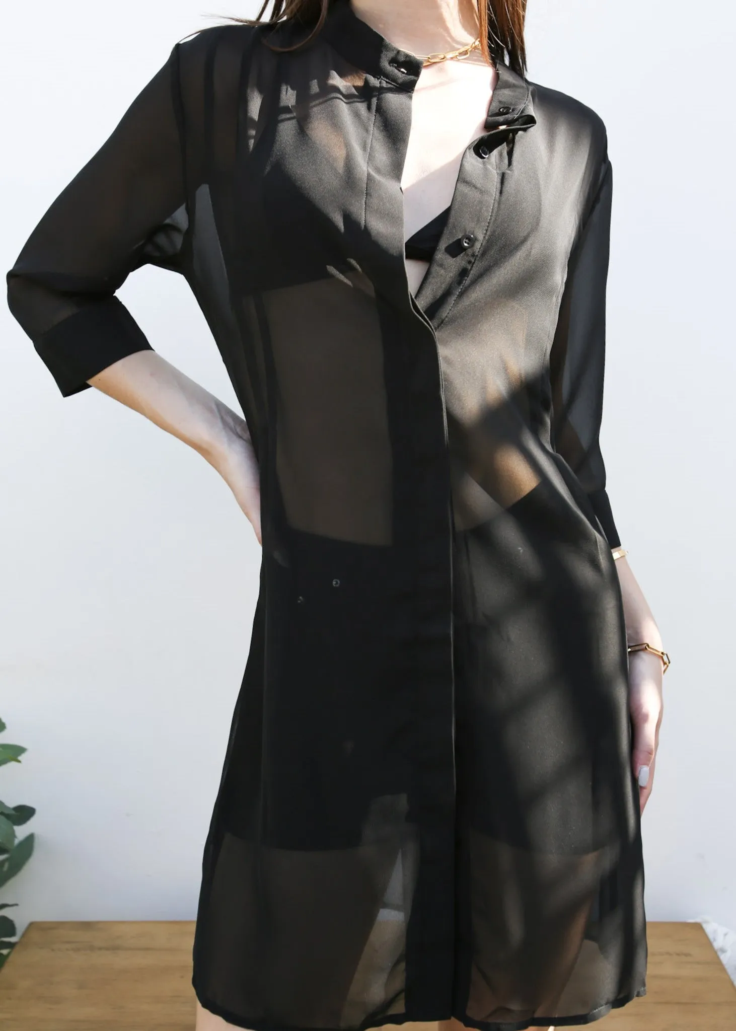 Junior Womens Black Sheer Chiffon Long Tunic Blouse Dress Shirt sold by Anna-Kaci product image thumbnail 2