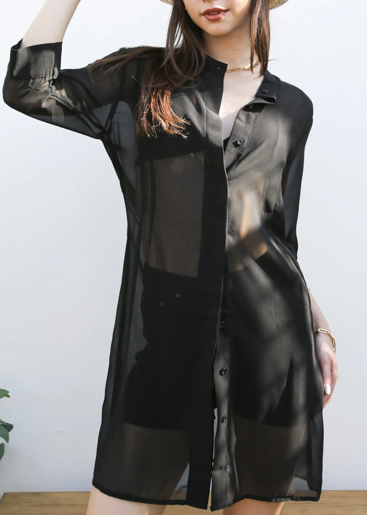Junior Womens Black Sheer Chiffon Long Tunic Blouse Dress Shirt sold by Anna-Kaci product image thumbnail 3