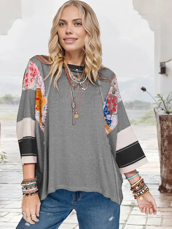 Anna-Kaci Women's Patchwork Sleeve Boho Top with 3/4 Sleeves and Relaxed Fit sold by Anna-Kaci