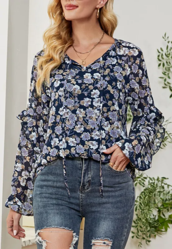 Floral Print Ruffle Sleeve Blouse sold by Anna-Kaci