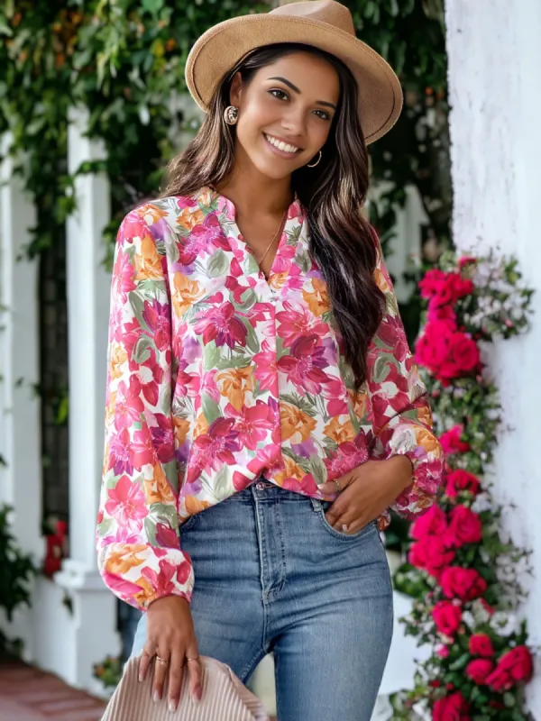Split V Neck Multicolor Floral Blouse sold by Anna-Kaci