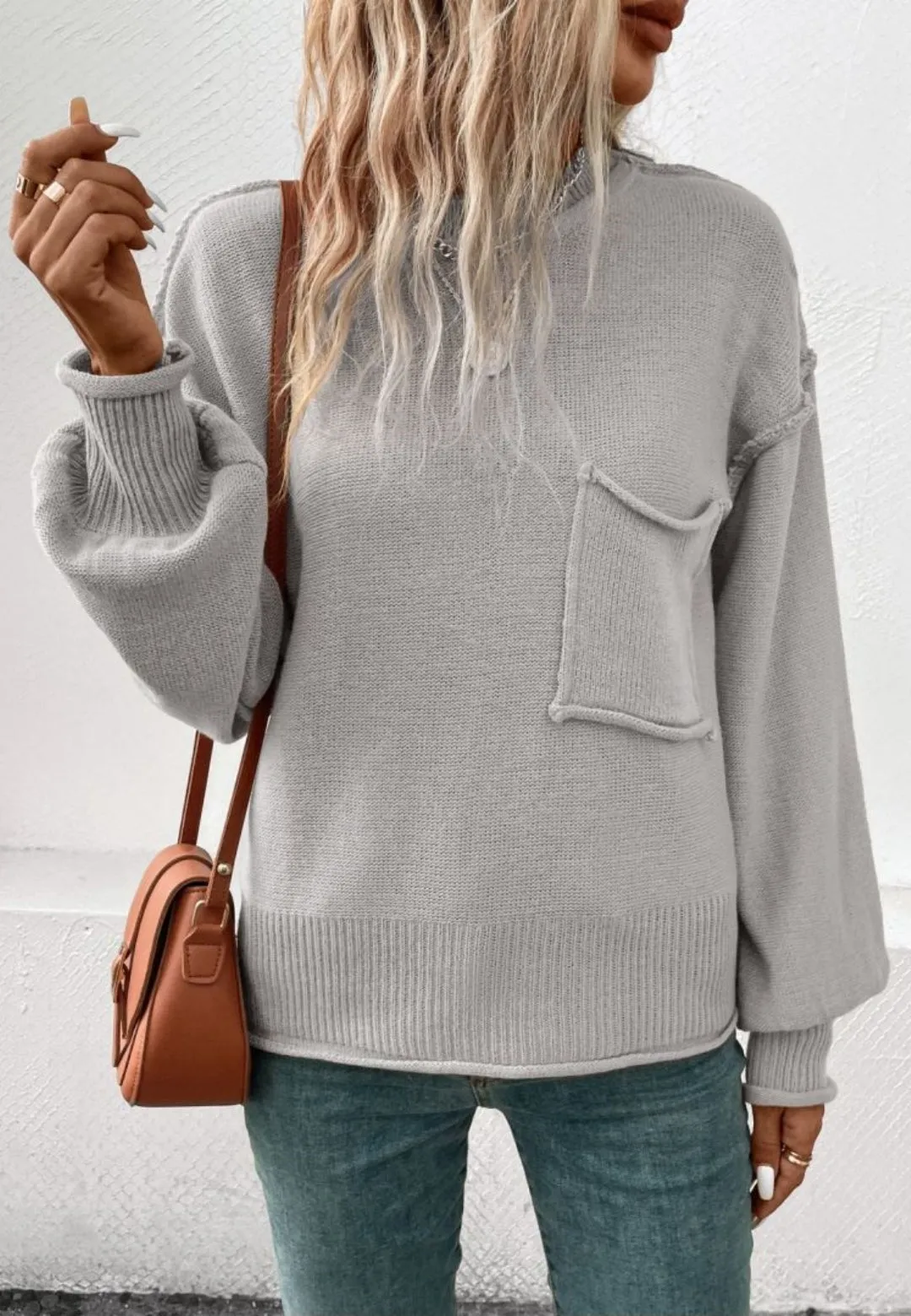 Textured Knit Drop Shoulder Pocket Sweater sold by Anna-Kaci product image thumbnail 2