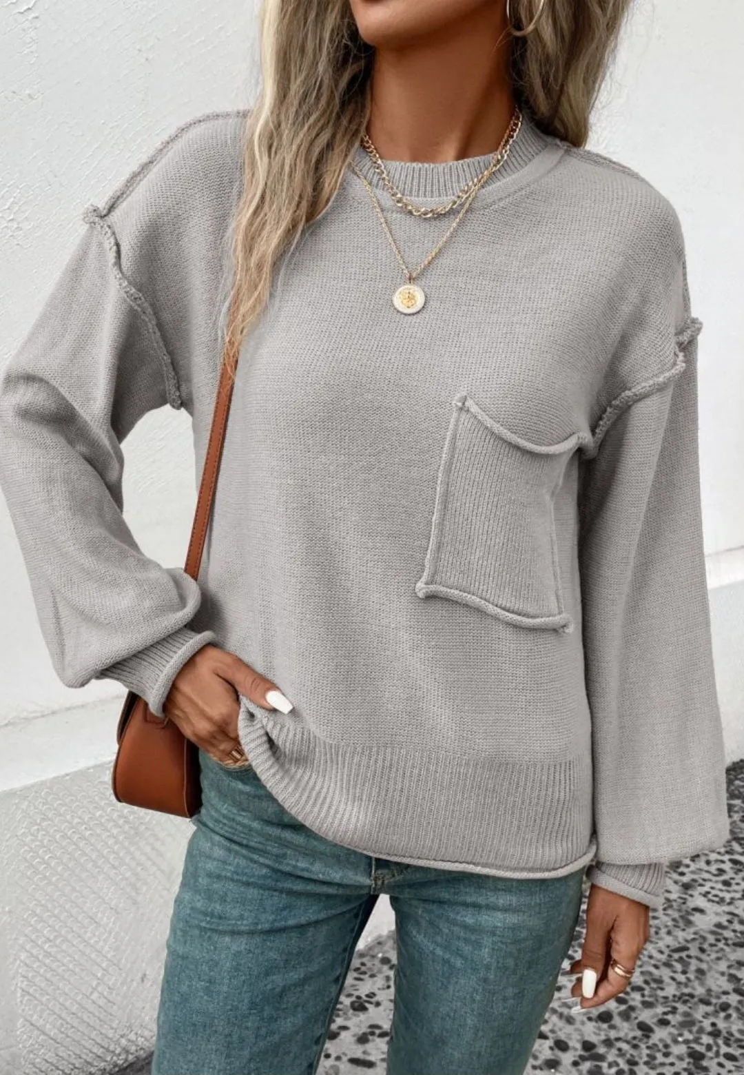 Textured Knit Drop Shoulder Pocket Sweater sold by Anna-Kaci product image thumbnail 3