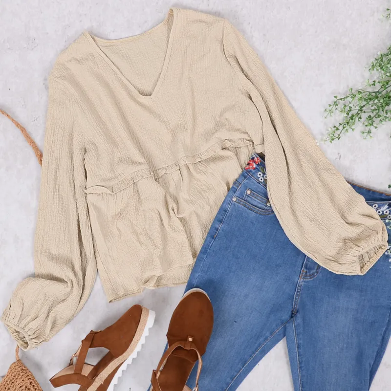 Soft Peplum Bishop Sleeve Blouse sold by Anna-Kaci