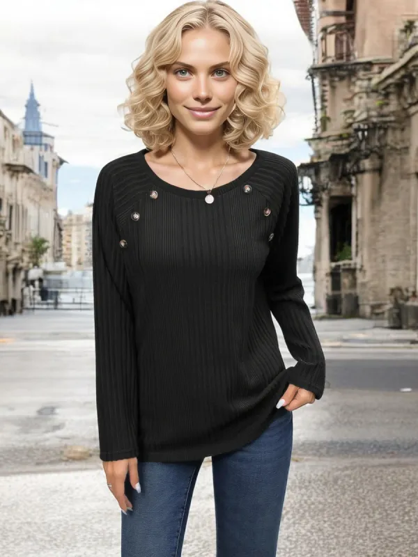 Anna-Kaci Women's Long Sleeve Ribbed Knit Top with Button Detail and Scoop Neckline sold by Anna-Kaci