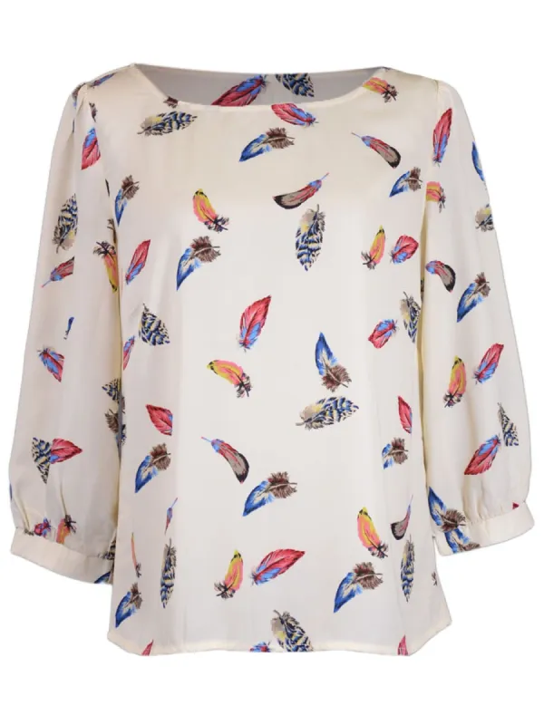 Pink Owl Brand Beige with Multicoloured Feathers Print Bishop Sleeves Top sold by Anna-Kaci