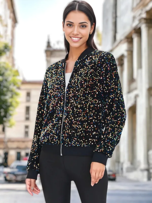 Sequin Velvet Base Bomber Zip-Up Jacket sold by Anna-Kaci