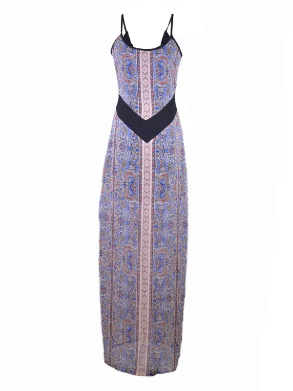 En Creme Exquisite Sexy Back Paisley Floral Print Side Slit Chiffon Maxi Dress sold by Anna-Kaci