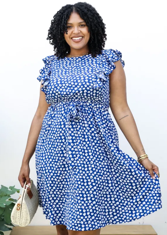 Plus Size White Daisy Print Midi Dress with Ruffle Sleeves sold by Anna-Kaci