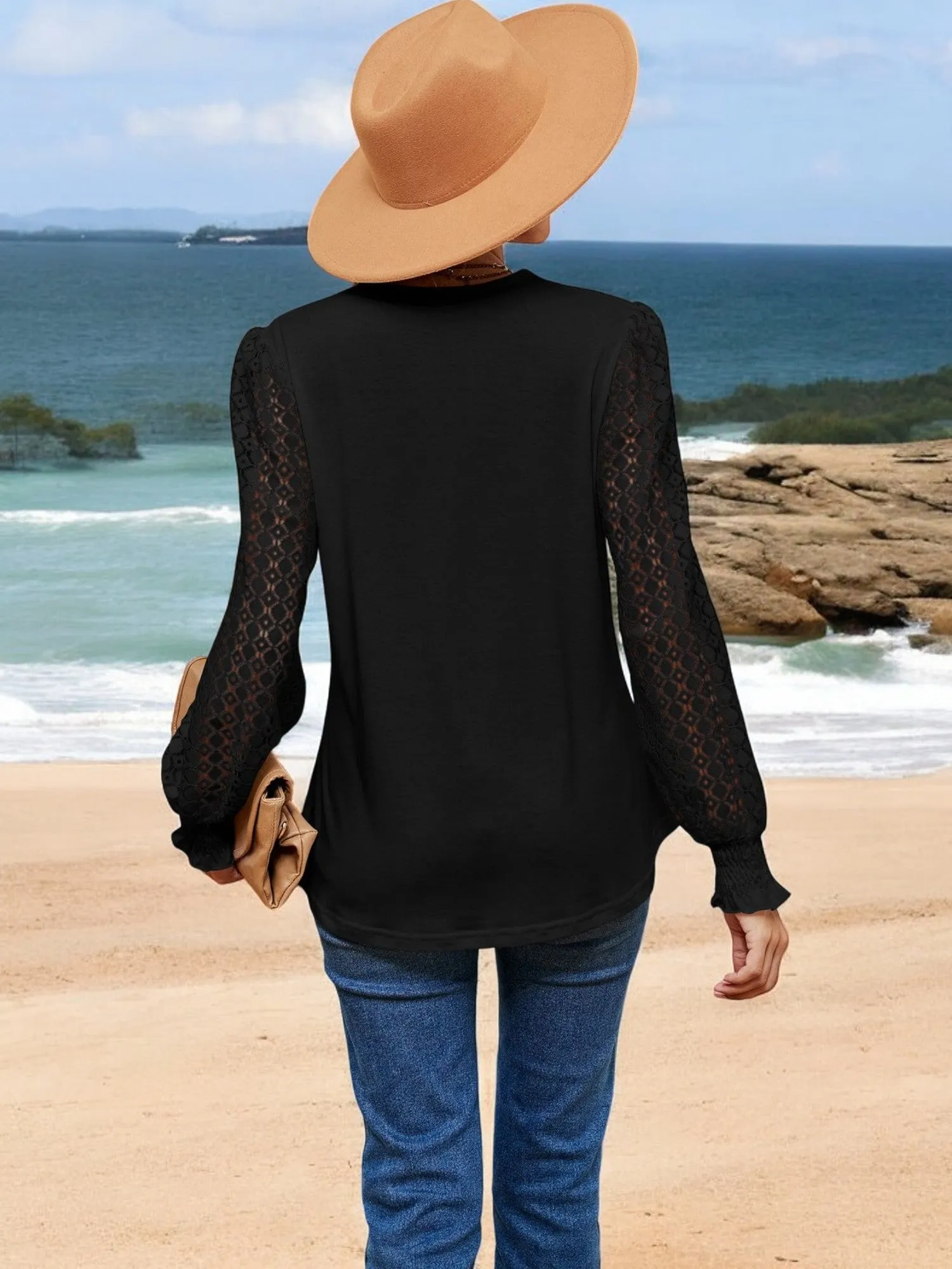 Anna-Kaci Women's V-Neck Lace Sleeve Blouse with Crochet Trim and Smocked Cuffs sold by Anna-Kaci product image thumbnail 4