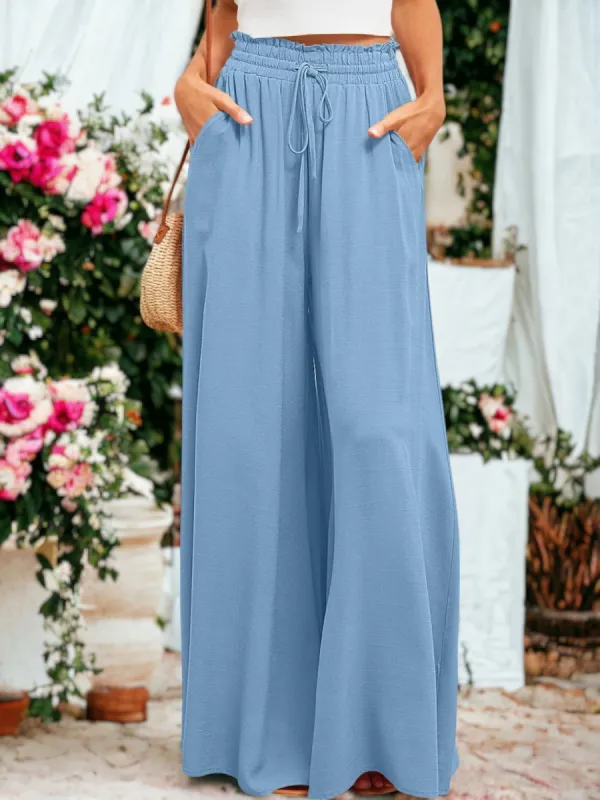 Shirred High Waist Gathered Tie Palazzo Pants sold by Anna-Kaci
