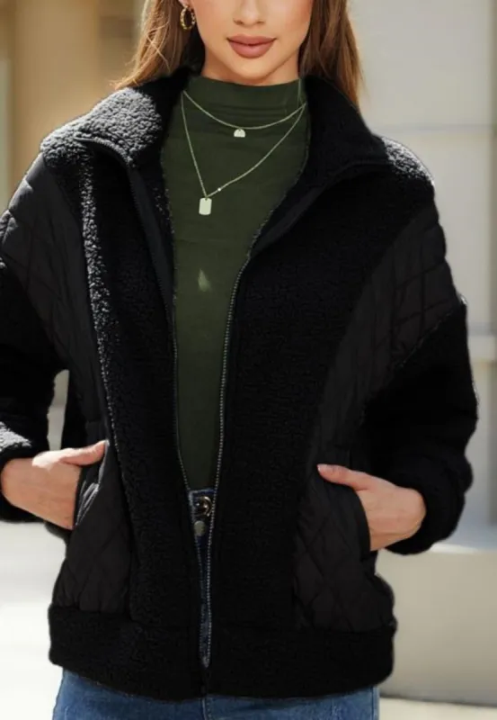 Zip-Up Quilted Detail Teddy Jacket sold by Anna-Kaci