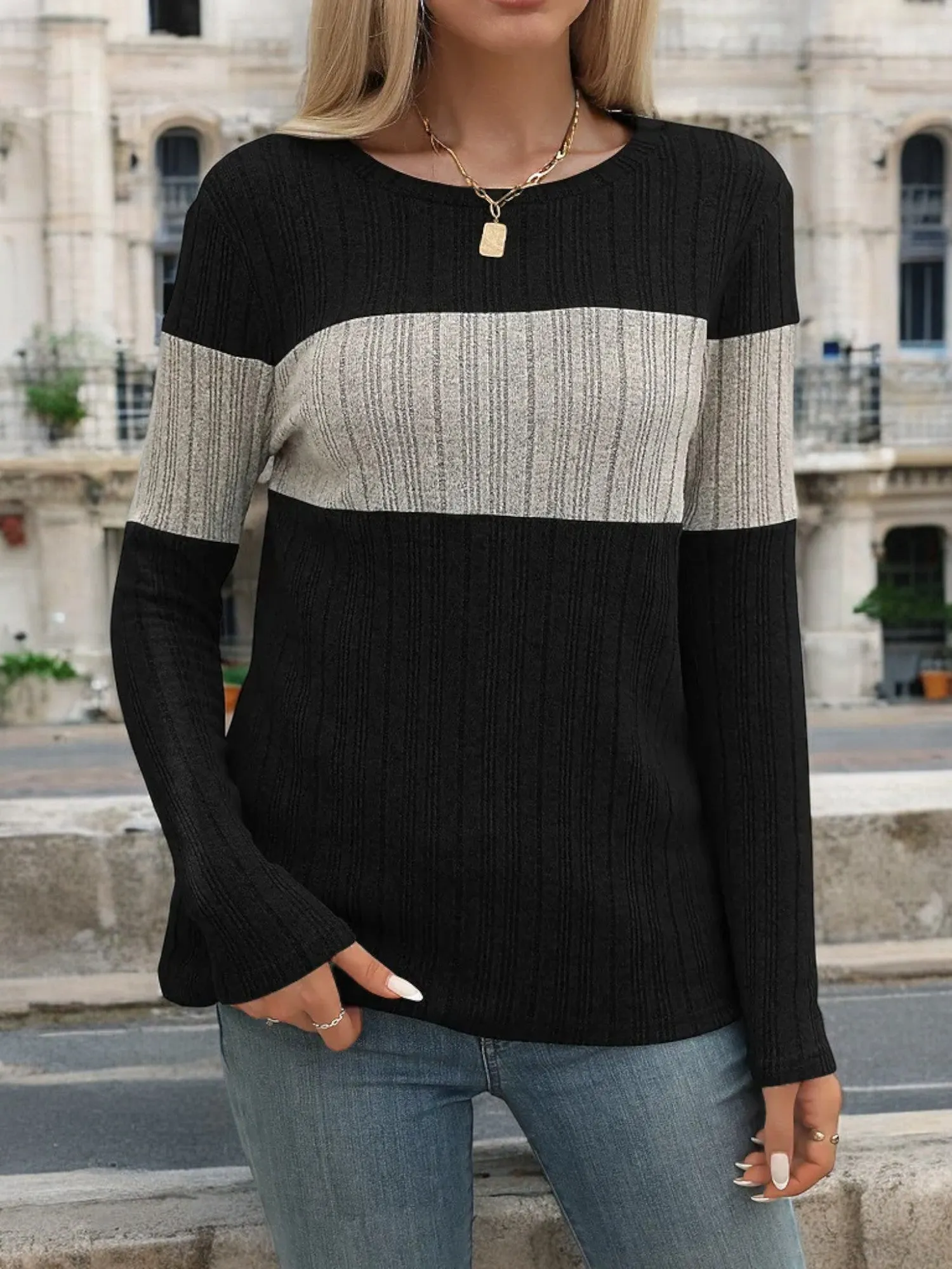 Anna-Kaci Women's Long Sleeve Color Block Knit Top with Crew Neck sold by Anna-Kaci product image thumbnail 2