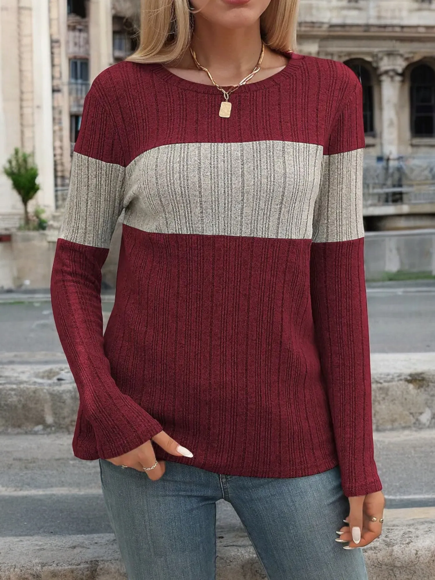 Anna-Kaci Women's Long Sleeve Color Block Knit Top with Crew Neck sold by Anna-Kaci product image thumbnail 5
