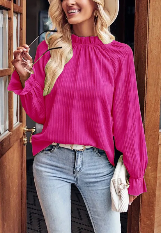Ruffle Neck Striped Textured Top sold by Anna-Kaci