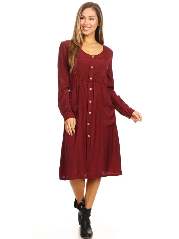 Long-Sleeve Button Down Swing Dress sold by Anna-Kaci