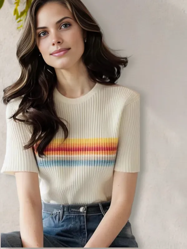 Anna-Kaci Women's Short Sleeve Ribbed Knit Sweater with Vintage Rainbow Stripes sold by Anna-Kaci
