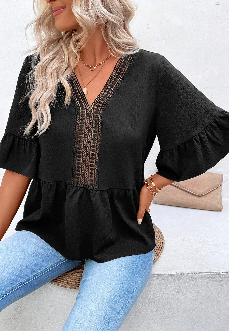 Crochet Detail Ruffle Hem Blouse sold by Anna-Kaci