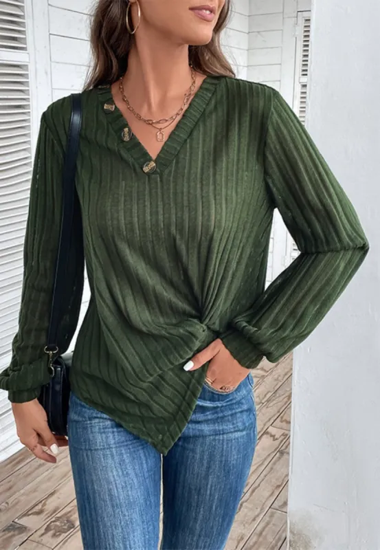 Twist Front Button V Neck Top sold by Anna-Kaci