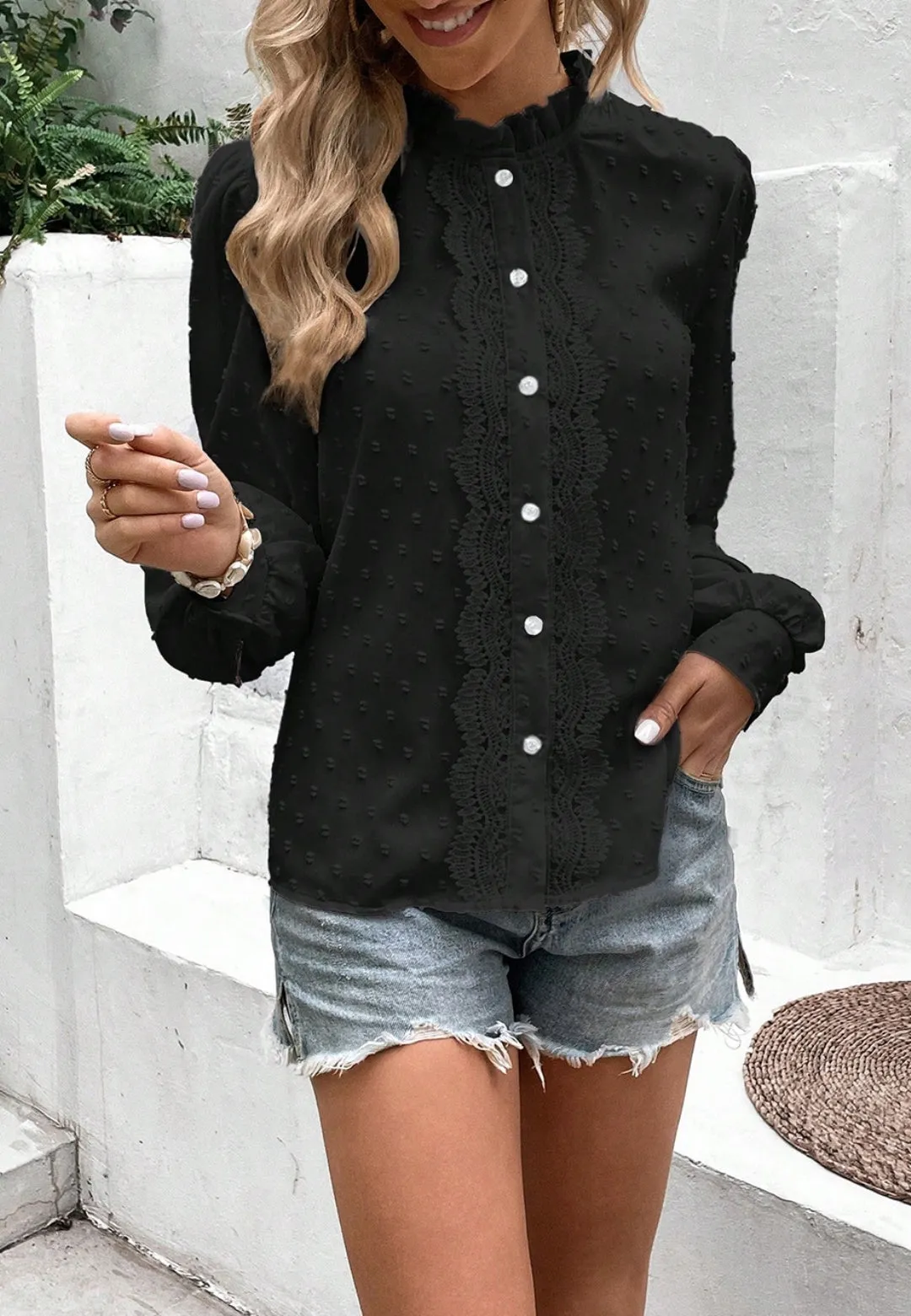 Lace Detail Swiss Dot Blouse sold by Anna-Kaci