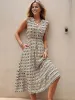 Cap Sleeve Button-Front Midi Dress with Geometric Print and Waist Tie sold by Anna-Kaci