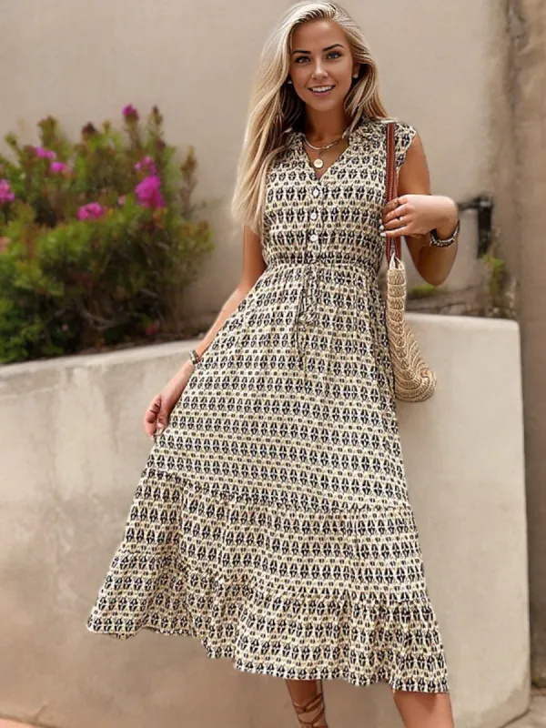 Cap Sleeve Button-Front Midi Dress with Geometric Print and Waist Tie sold by Anna-Kaci