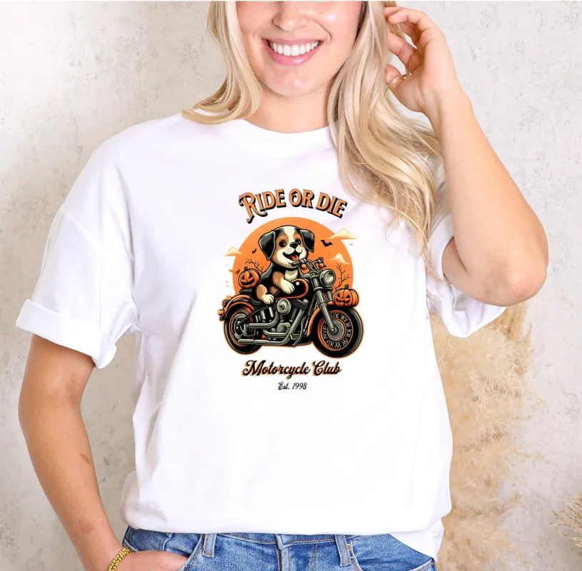 Puppy Ride or Die Motorcycle T-Shirt - Autumn Moon, Pumpkins, Bats, Vintage Halloween t-Shirt, Puppy, Fall Shirt, Vintage Halloween t-Shirt sold by Anna-Kaci