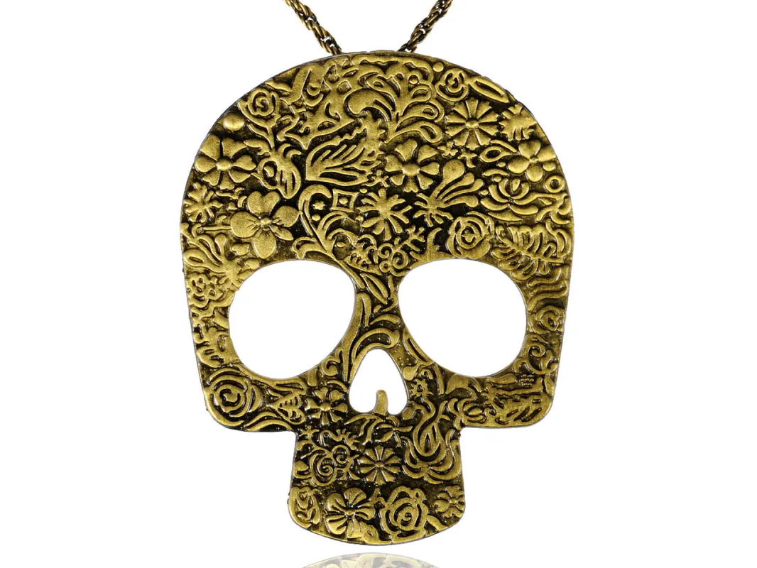 Flowers Vintage Dia De Los Muertos Skull Head Pendant Necklace sold by Anna-Kaci