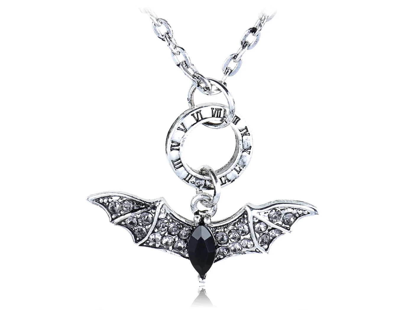 Black Flying Bat Pendant Necklace With Roman Numeral Engravings sold by Anna-Kaci