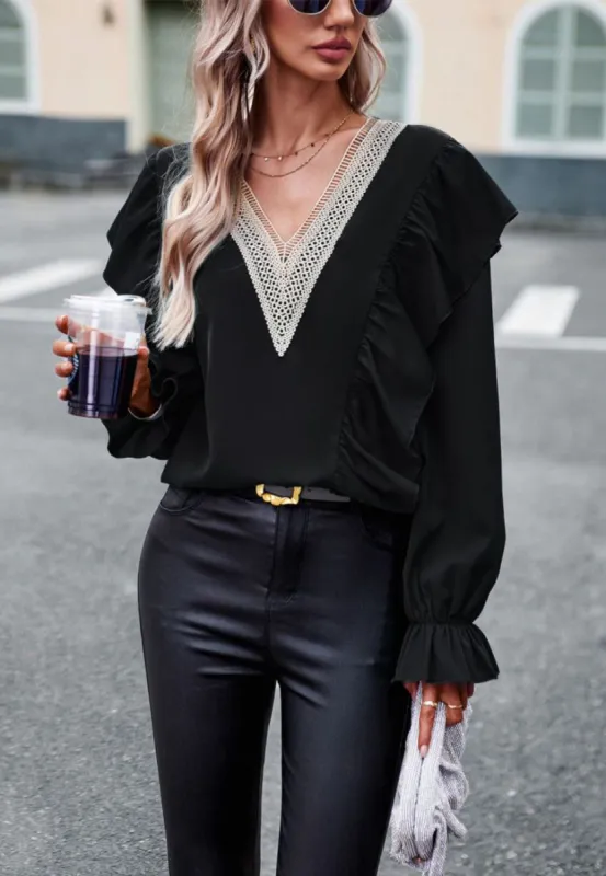 Crochet V Neck Ruffle Detail Blouse sold by Anna-Kaci