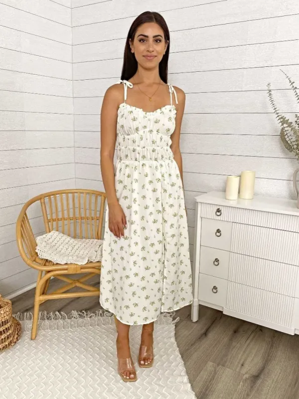 Floral Bow Strap Leg Slit Midi Dress sold by Anna-Kaci