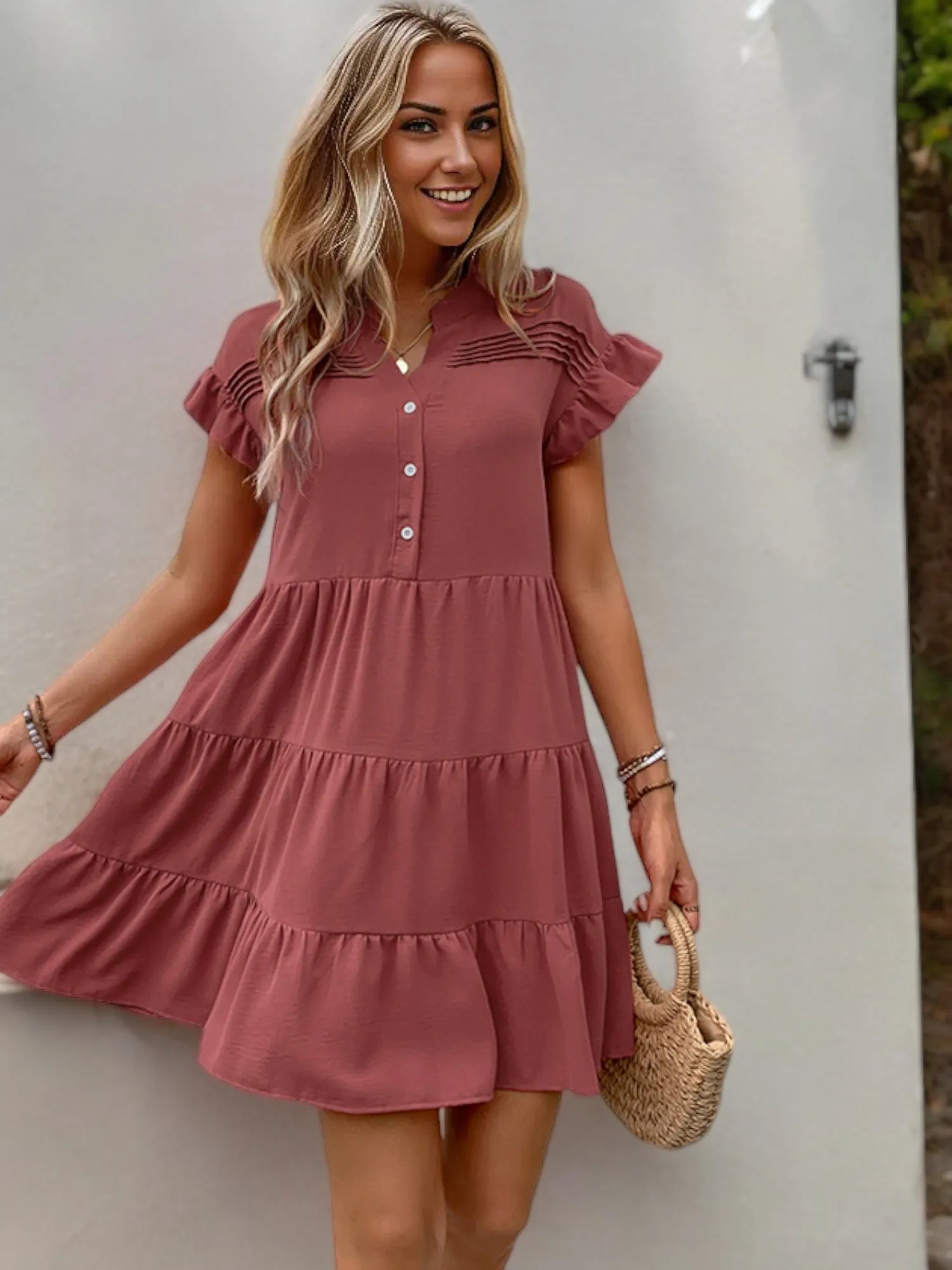Short Sleeve Tiered Mini Dress with Button Front and Ruffle Detail sold by Anna-Kaci product image thumbnail 2