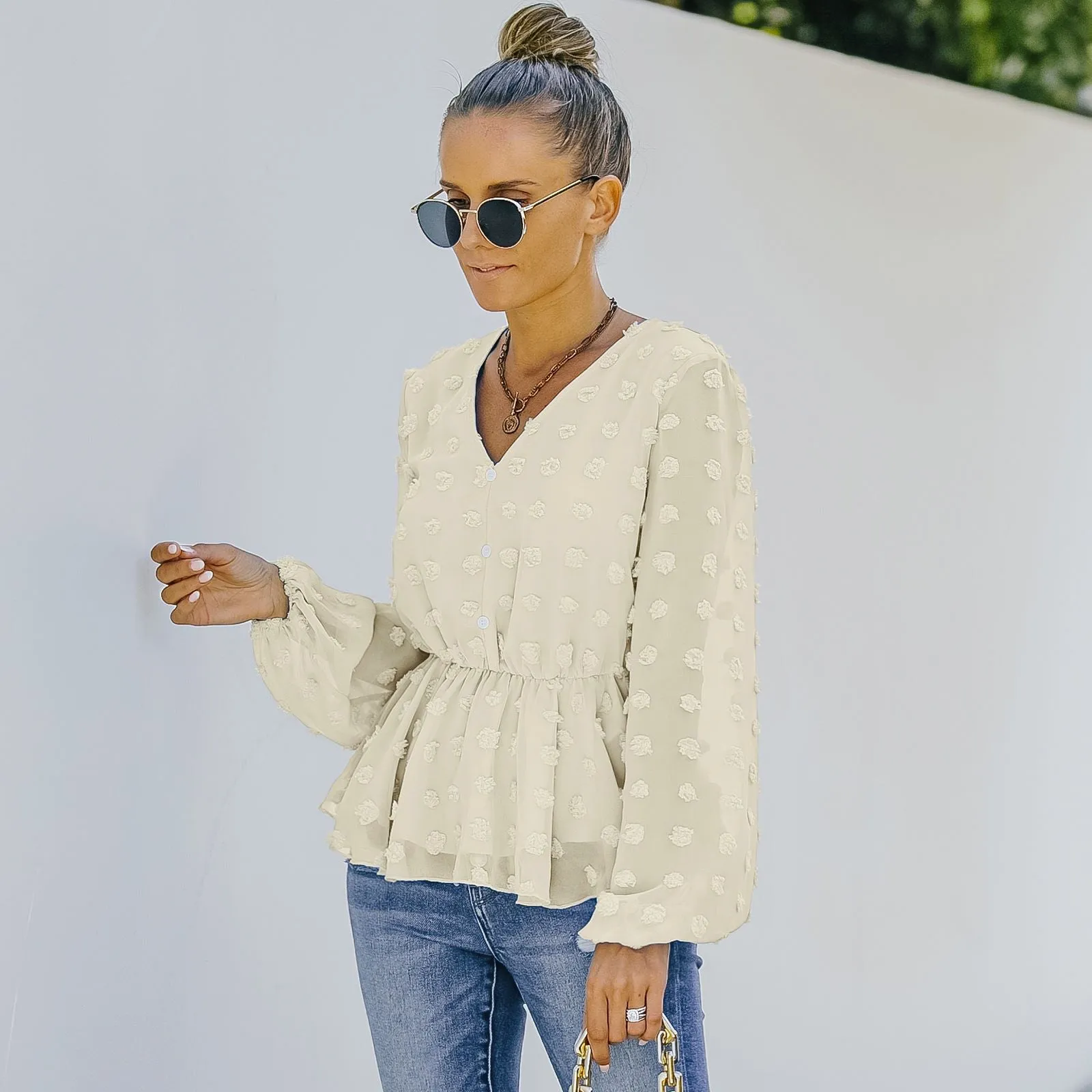 V-neck Solid Color Semi Sheer Swiis Dot Blouse sold by Anna-Kaci product image thumbnail 4