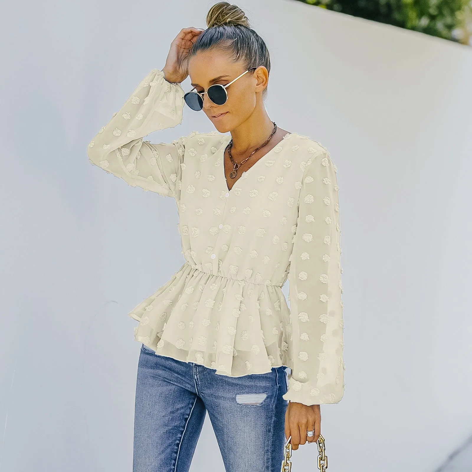 V-neck Solid Color Semi Sheer Swiis Dot Blouse sold by Anna-Kaci