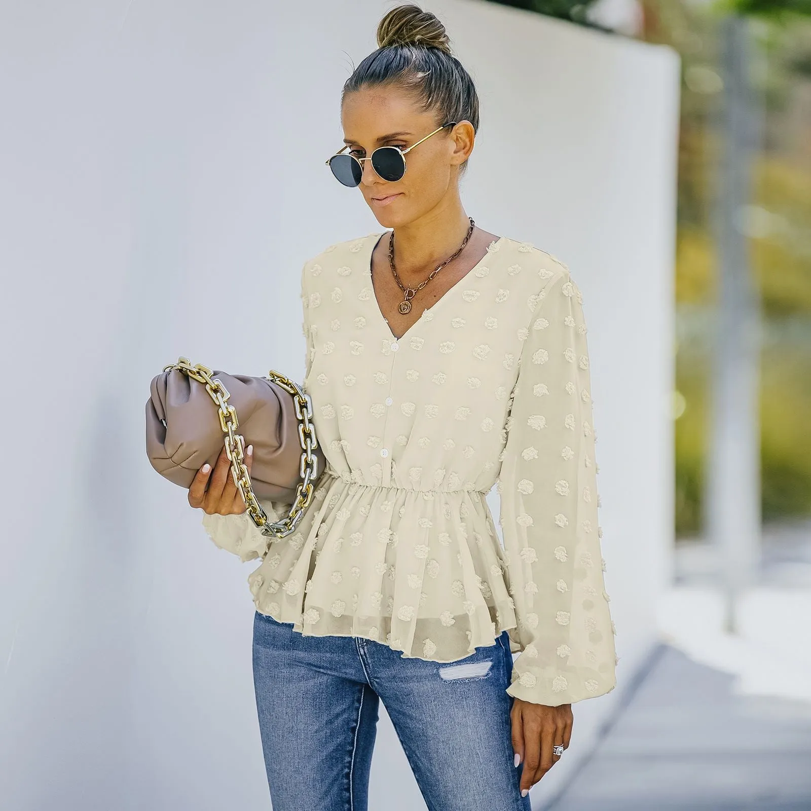 V-neck Solid Color Semi Sheer Swiis Dot Blouse sold by Anna-Kaci product image thumbnail 5