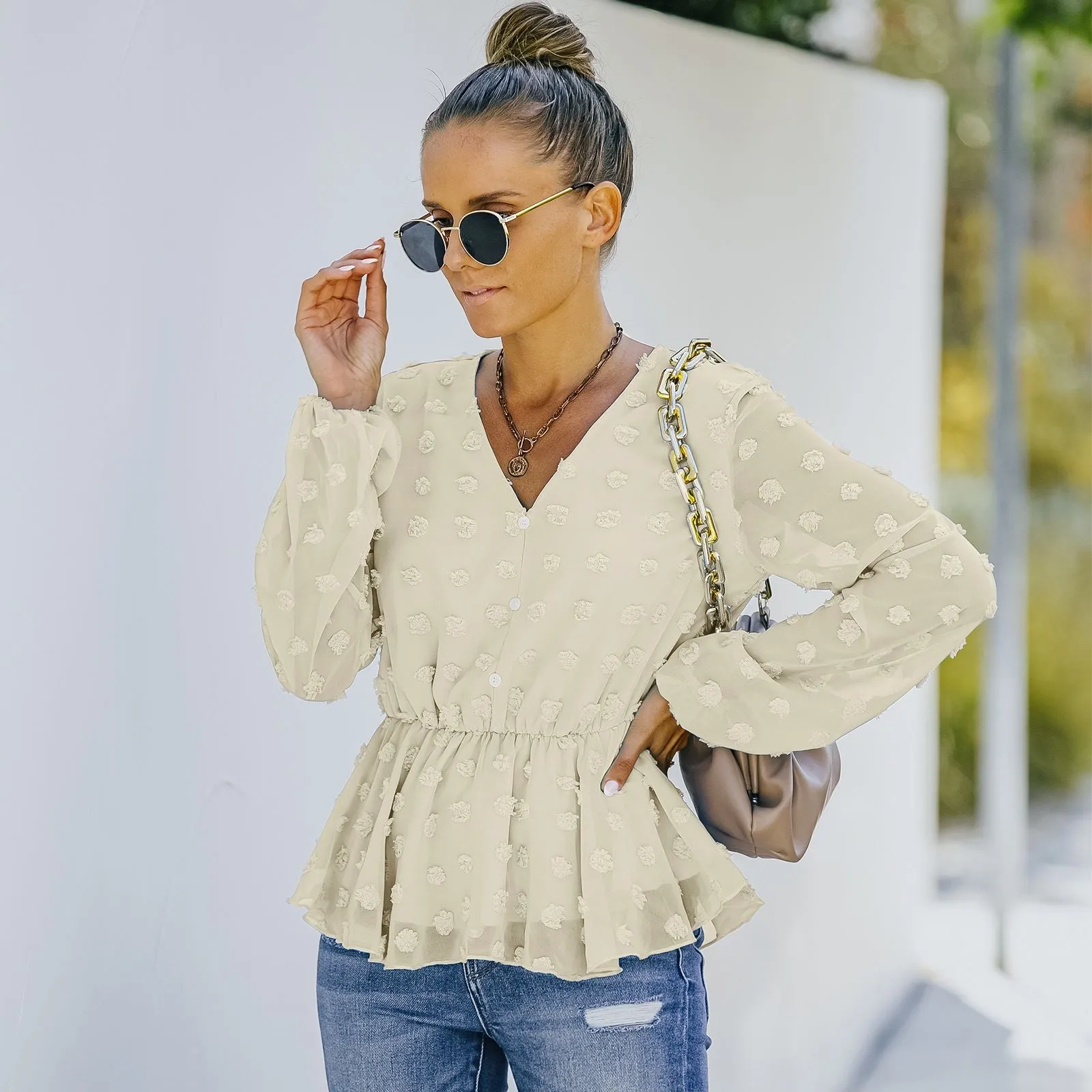 V-neck Solid Color Semi Sheer Swiis Dot Blouse sold by Anna-Kaci product image thumbnail 2