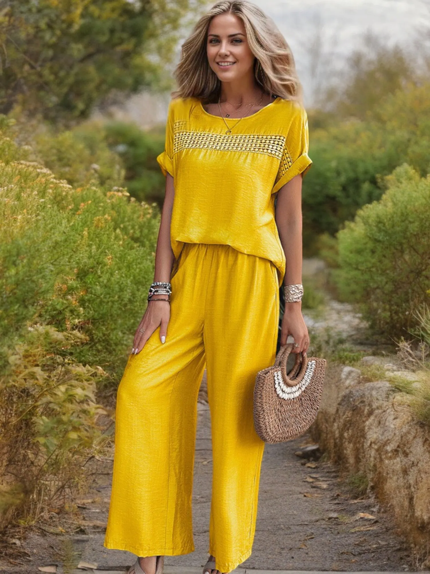 Anna-Kaci Women's Two-Piece Set with Embroidered Detail Top and Wide-Leg Pants sold by Anna-Kaci product image thumbnail 4