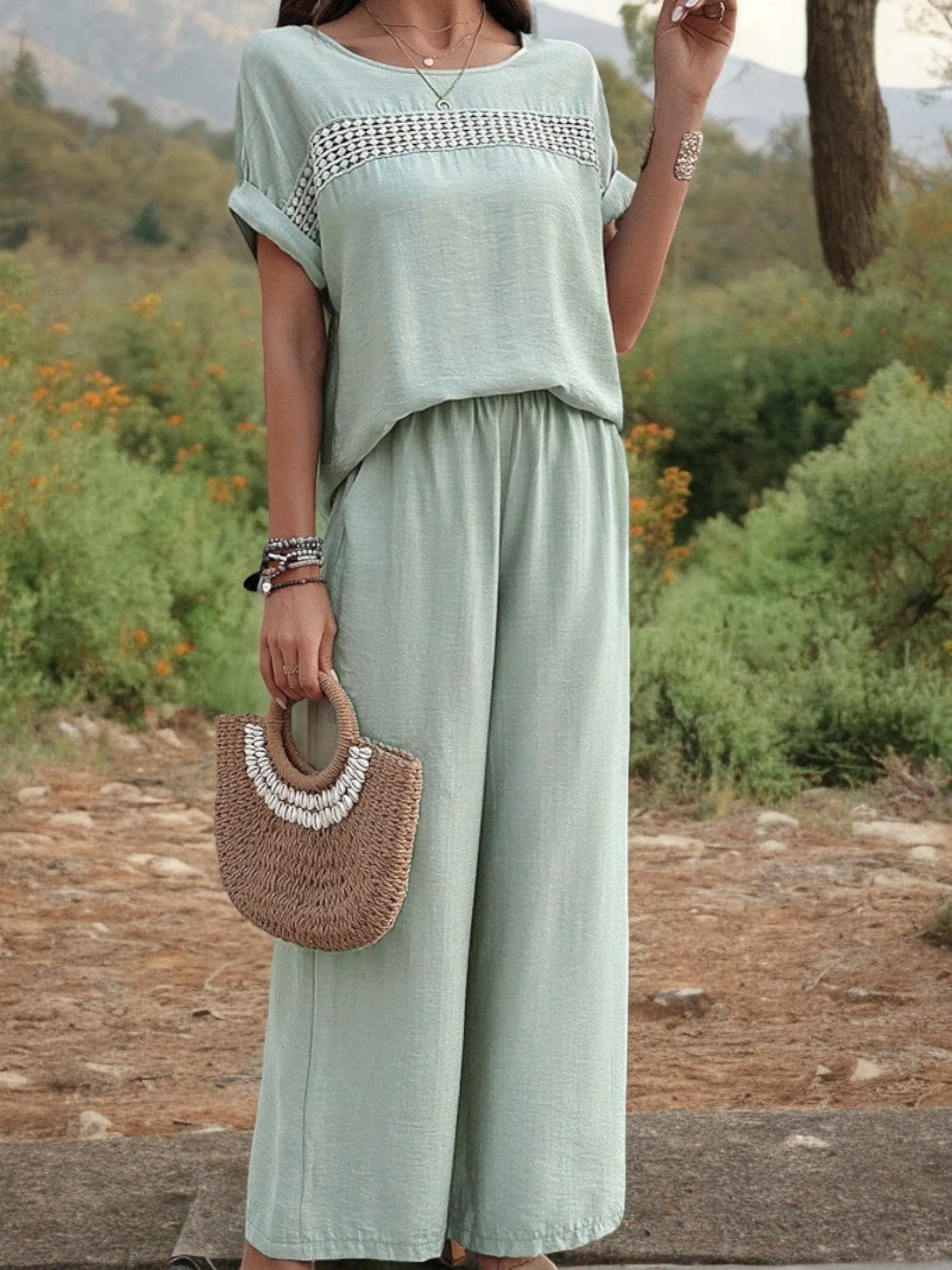 Anna-Kaci Women's Two-Piece Set with Embroidered Detail Top and Wide-Leg Pants sold by Anna-Kaci product image thumbnail 2