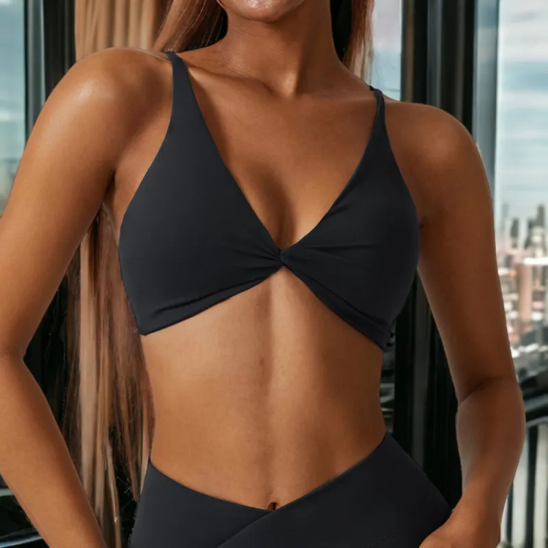 Plunge Neck Twist Front Sports Bra sold by Anna-Kaci