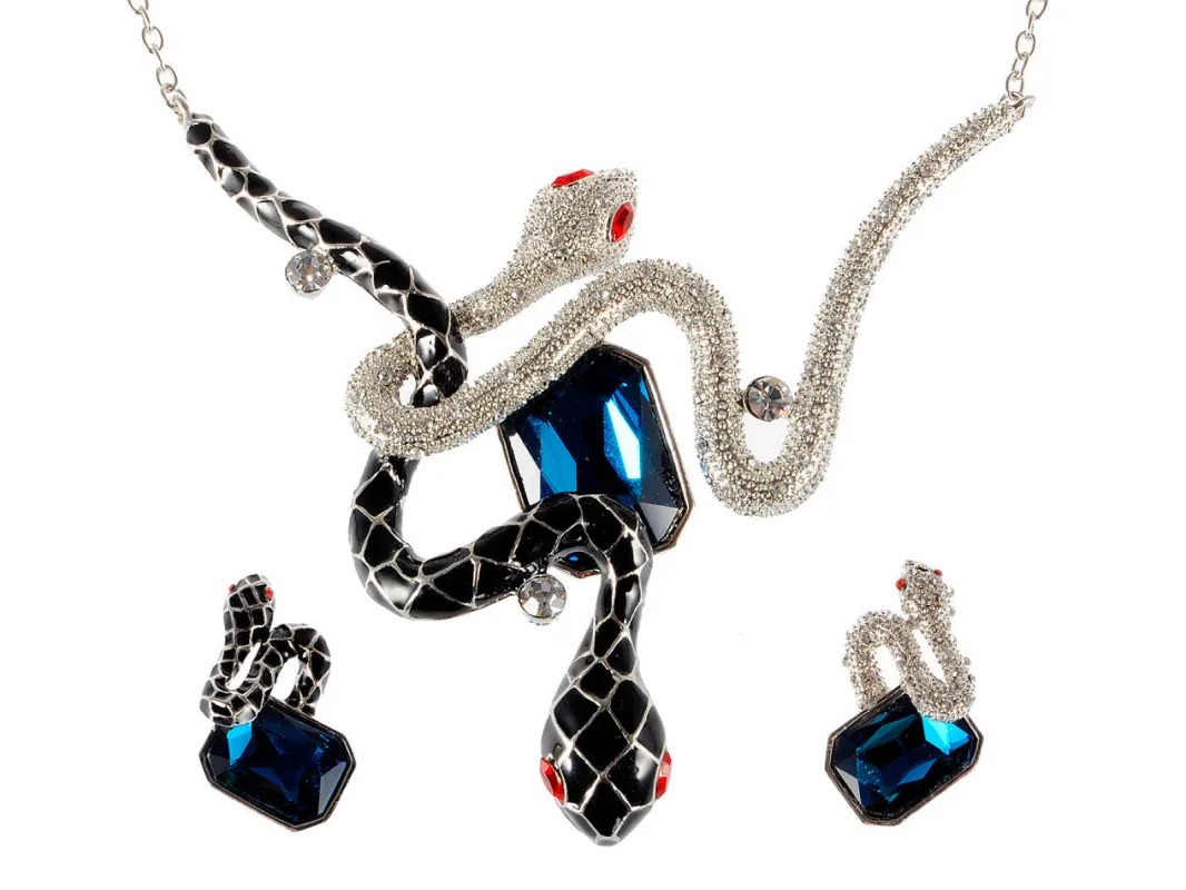Sapphire Blue Black Silver Enamel Twin Snakes Necklace Earring Set sold by Anna-Kaci