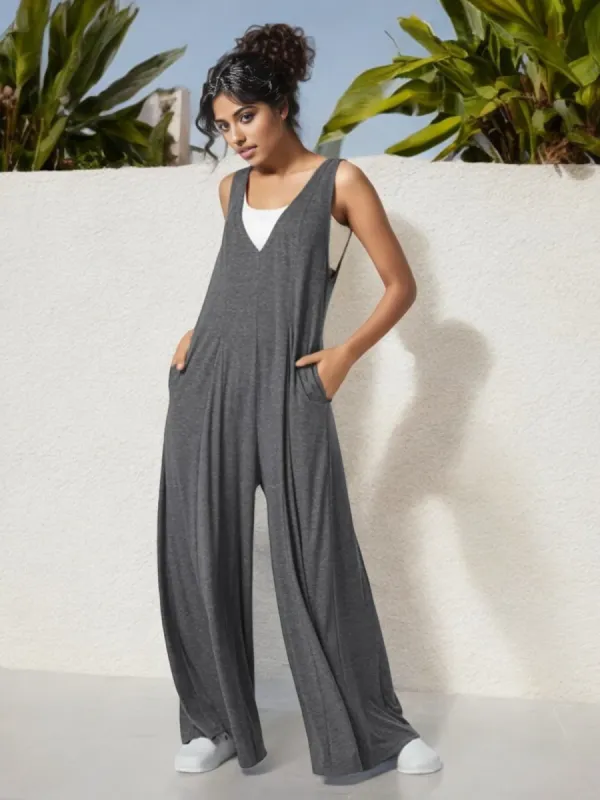 Anna-Kaci Women's V-Neck Wide Leg Jumpsuit with Side Pockets sold by Anna-Kaci