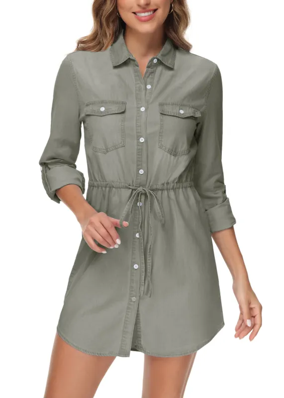Denim Long-Sleeve Jean Shirt Dress sold by Anna-Kaci