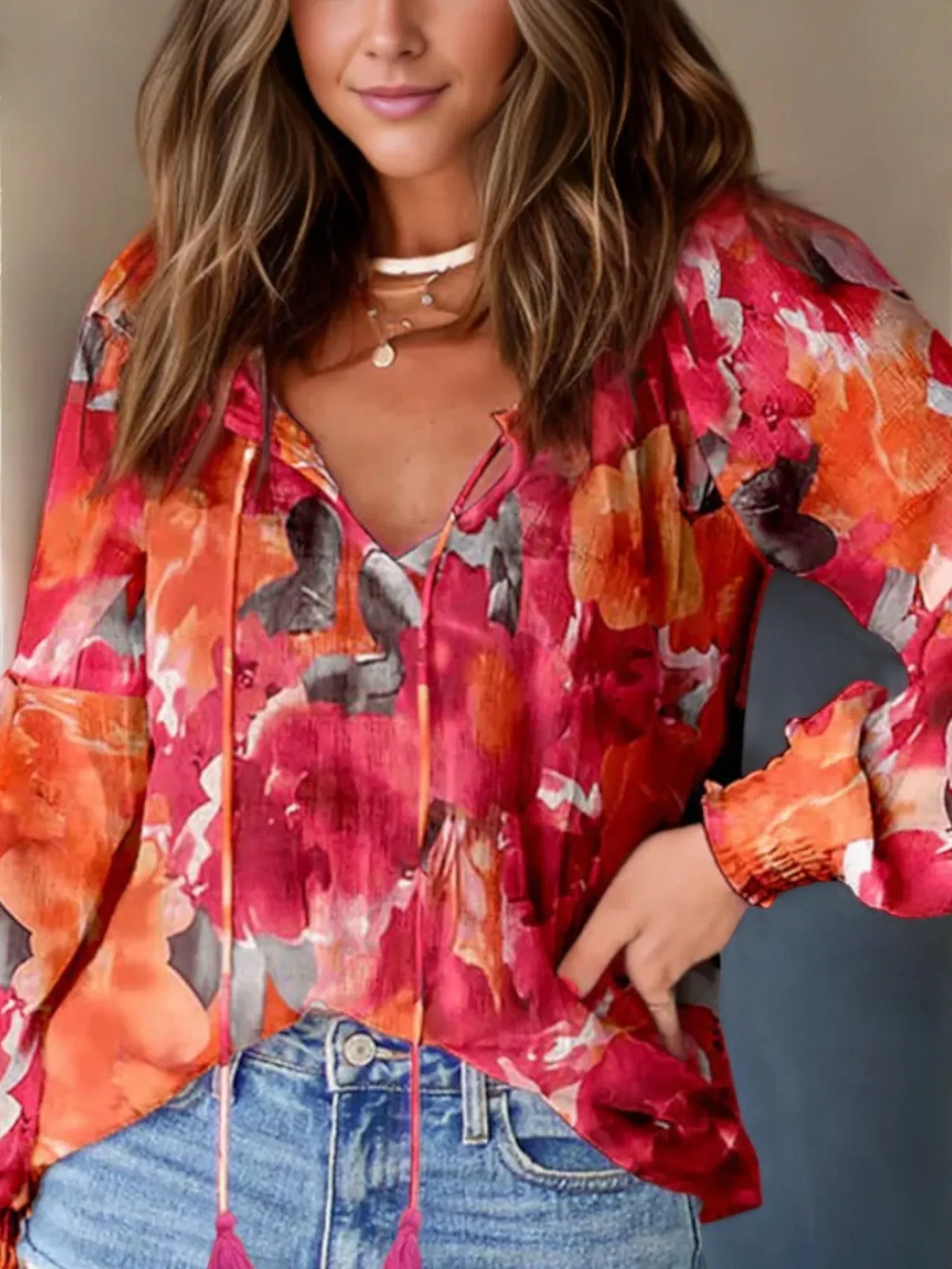 Anna-Kaci Women's Long Sleeve Floral Print Bohemian Blouse with Tassel Ties sold by Anna-Kaci product image thumbnail 4
