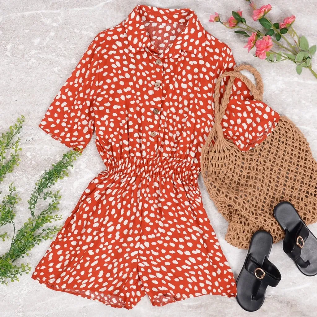 Button Collar Printed Romper sold by Anna-Kaci